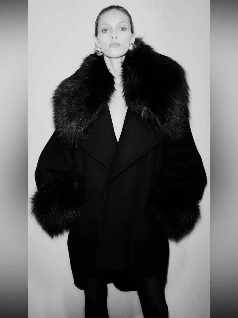 Saint Laurent Black oversized faux fur trimmed wool- blend coat